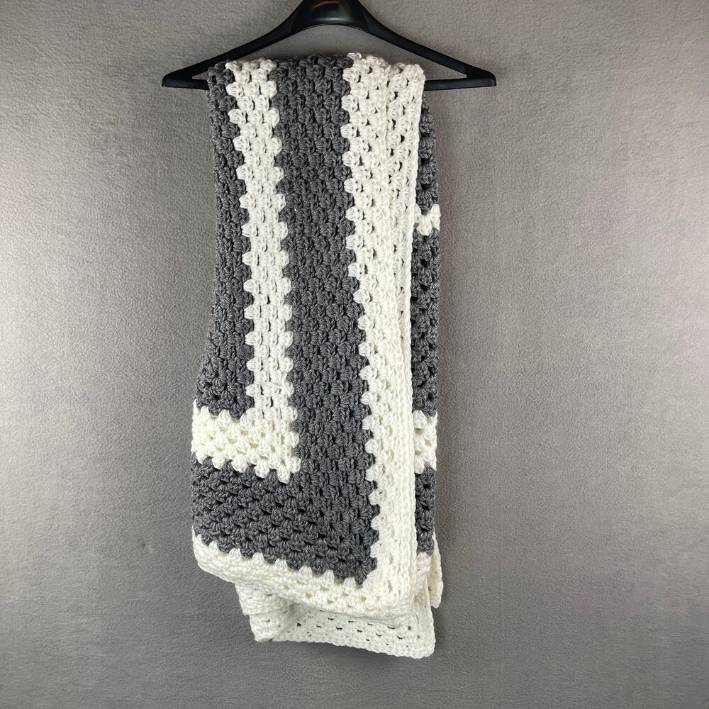 Gray and White Handcrafted Crotchet Afghan Throw Blanket 56 x 58”